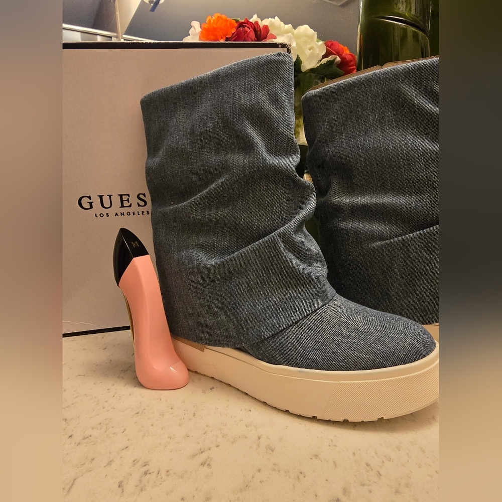 GUESS Women's Denim Boots with Pink Heel Accent